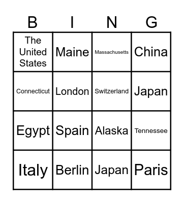 Countries Bingo Card