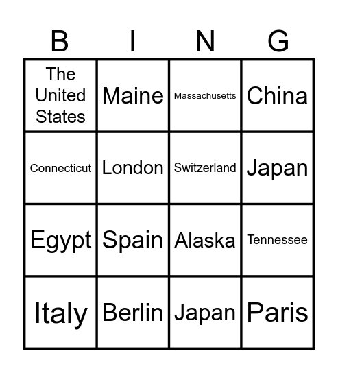 Countries Bingo Card