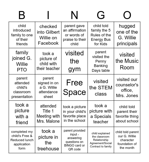 G. Willie Title 1/Open House BINGO Card Bingo Card