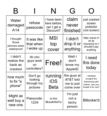 UBIF customer Bingo Card