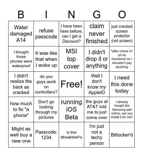 UBIF customer Bingo Card