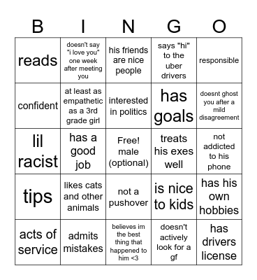 Green Flag Guy Bingo Card