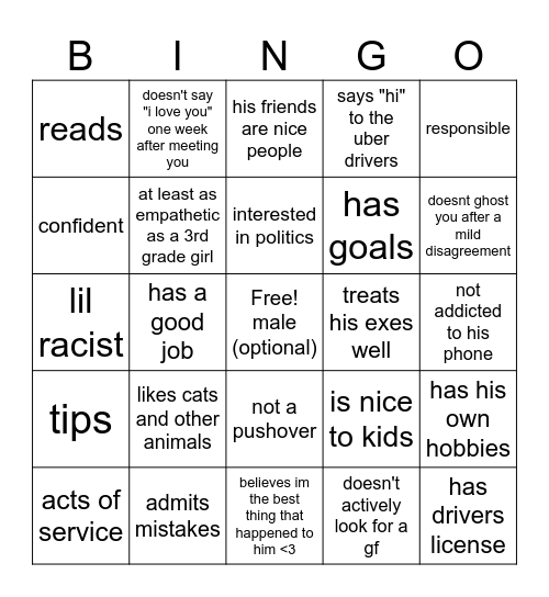 Green Flag Guy Bingo Card