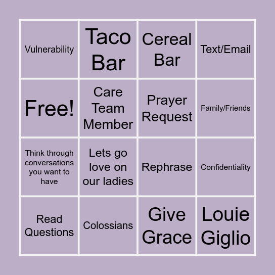 Women's Bible Study Bingo Card