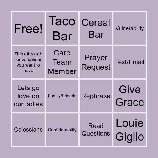 Women's Bible Study Bingo Card