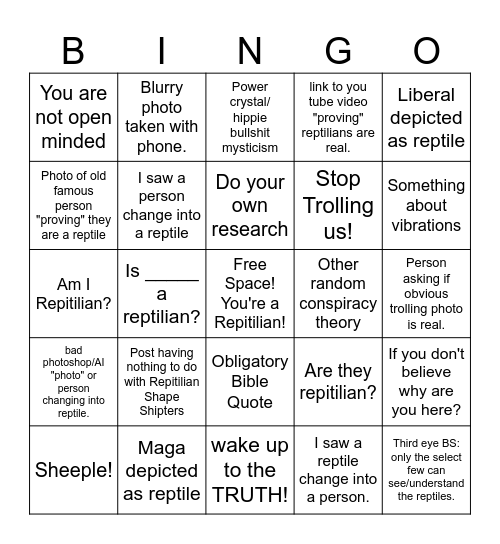 Repitilian Shape Shifting Bingo Card