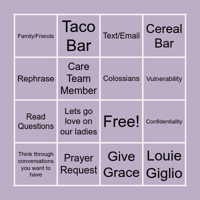 Women's Bible Study Bingo Card