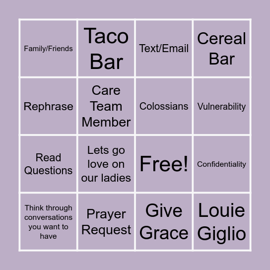 Women's Bible Study Bingo Card