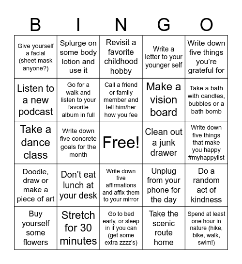 Self love September Bingo Card