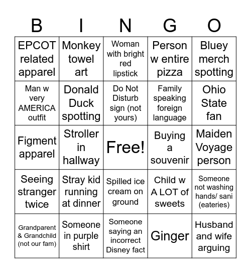 DCL Fam Bam Bingo Card