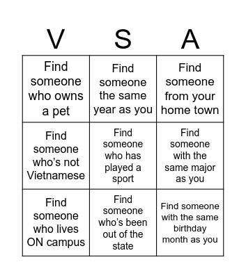 VSA Bingo Card