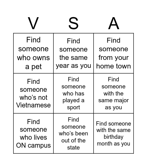 VSA Bingo Card