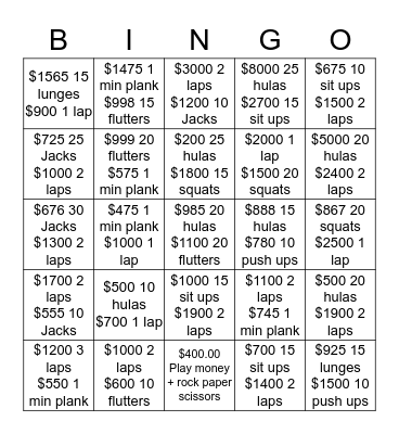 Gladiator Exercise to Excellence Bingo Card