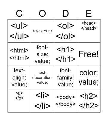 Coding Bingo Card