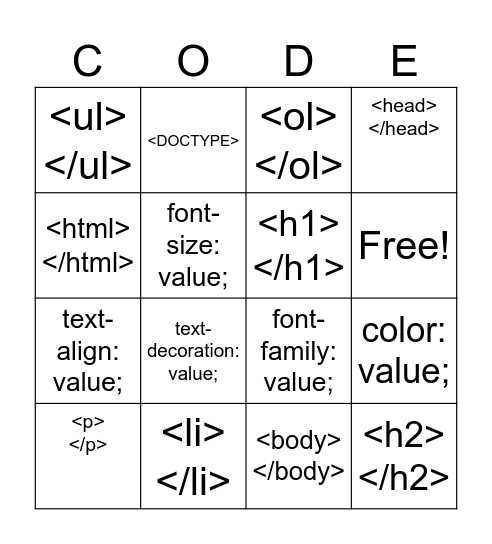 Coding Bingo Card