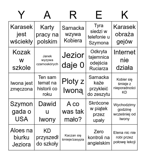 YAREK Bingo Card