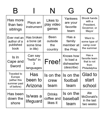 First Day of School Bingo Card