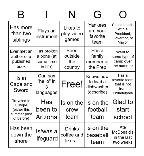 First Day of School Bingo Card