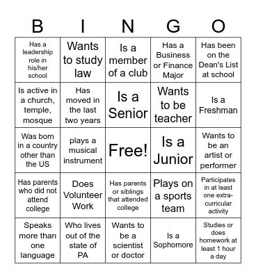 College Prep Ice Breaker Bingo Card