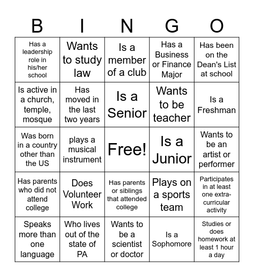 College Prep Ice Breaker Bingo Card