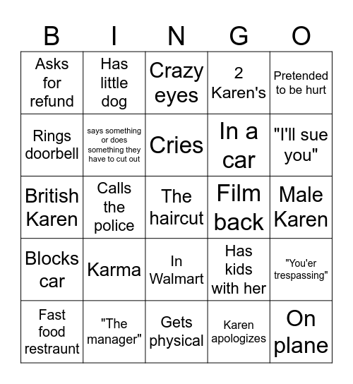 Karen Freakouts Bingo Card