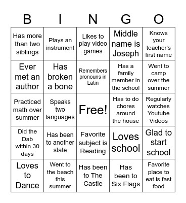 First Day of School Bingo Card