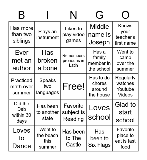 First Day of School Bingo Card