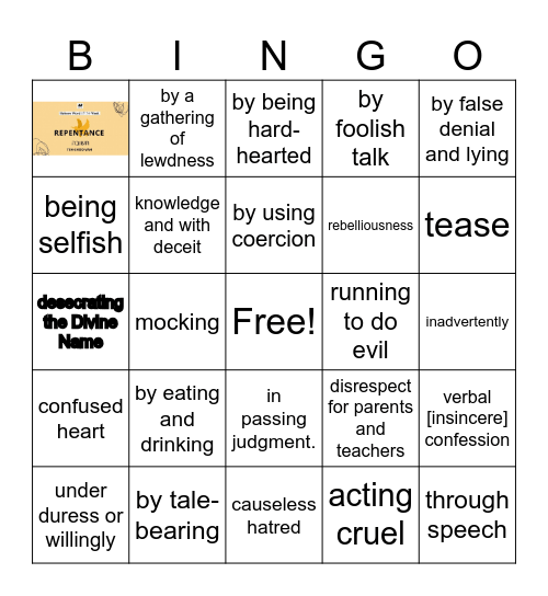 For the sin we have committed before You: Bingo Card