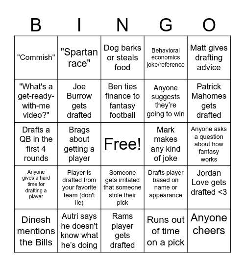 Fantasy Bingo Card