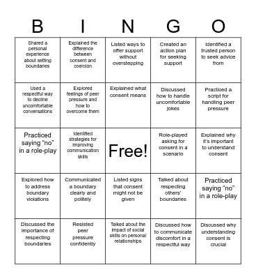 Social Skills and Sexual Issues Bingo Card