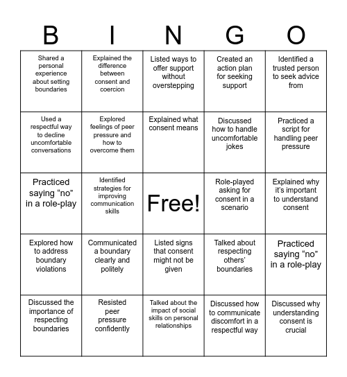 Social Skills and Sexual Issues Bingo Card