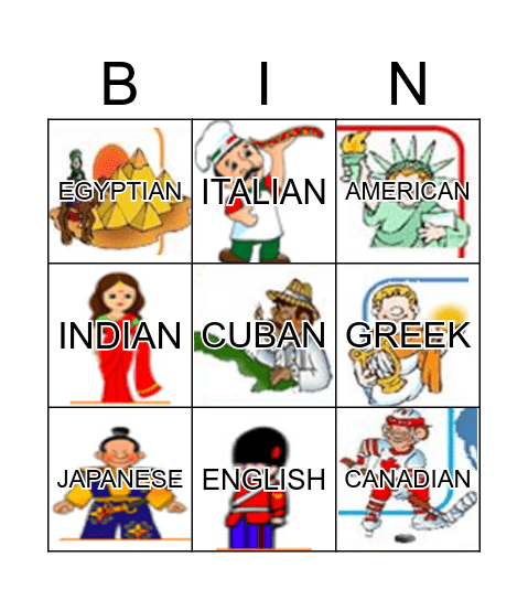 NATIONALITIES Bingo Card