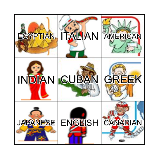 NATIONALITIES Bingo Card