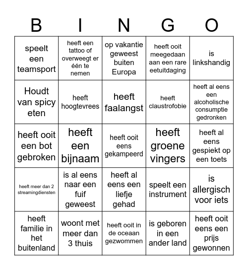 Kennismaking Bingo Card