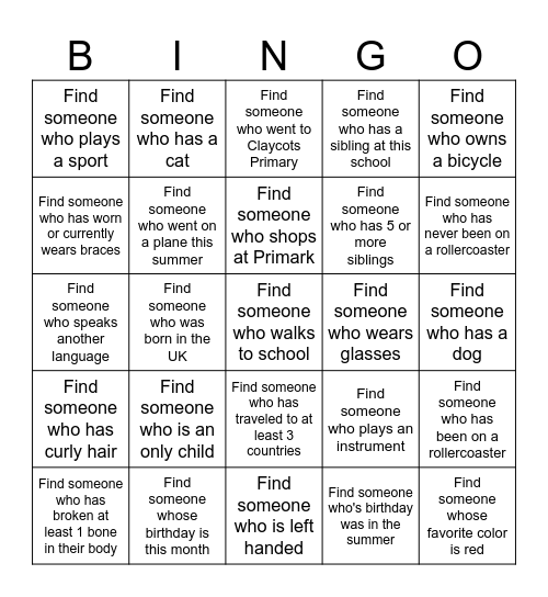 GET TO KNOW YOU Bingo Card