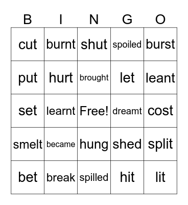 Irregular Verbs Bingo Card