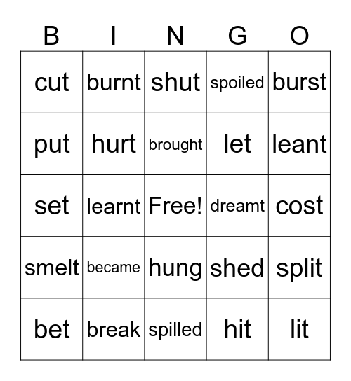 Irregular Verbs Bingo Card