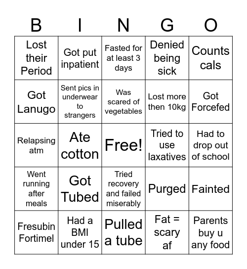 Anorexia Bingo Card