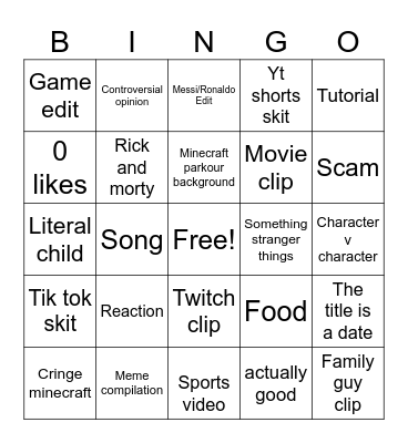 YouTube shorts Bingo Card