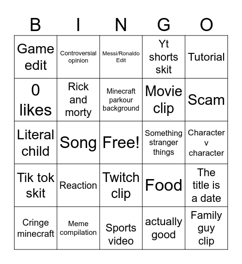 YouTube shorts Bingo Card