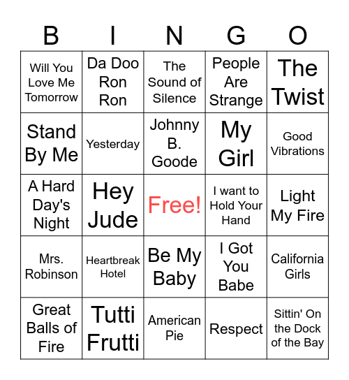 1950's-70's Music Bingo Card