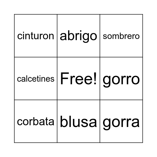 La ropa Bingo Card