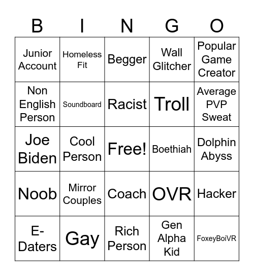 REC ROOM Bingo Card