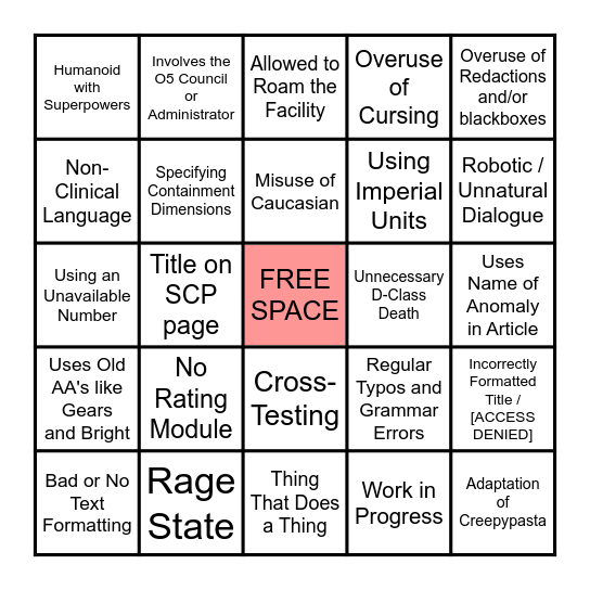 SCP Coldpost Bingo Card