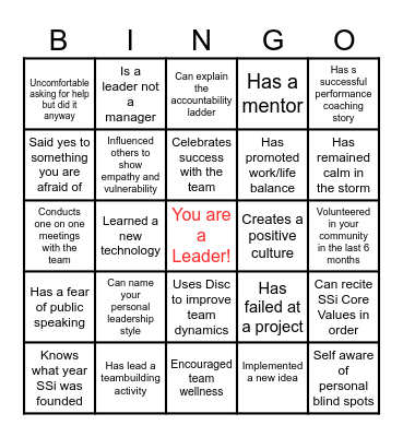 Leadership bingo Card