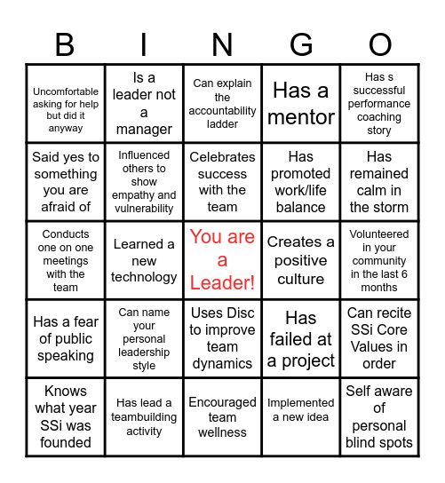 Leadership bingo Card