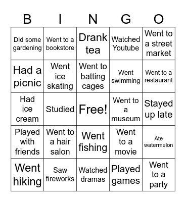 Summer Holidays Bingo Card