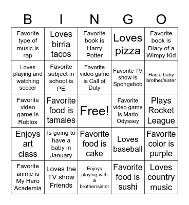 Class Bingo (per 5) Bingo Card