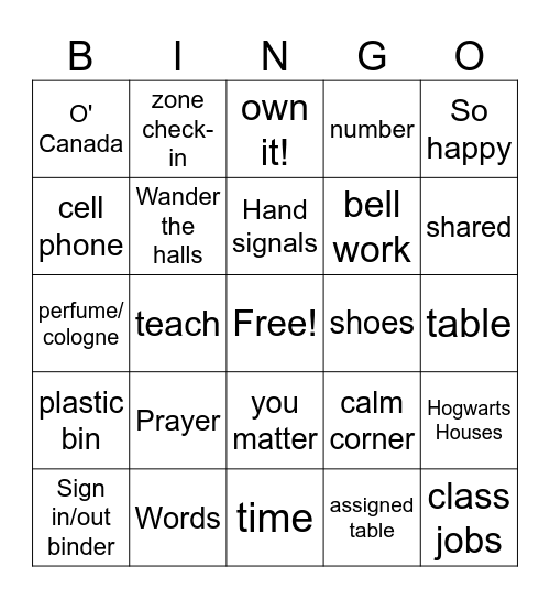 Back to School Bingo Card