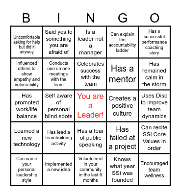 Leadership bingo Card